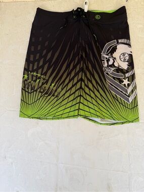 Metal Mulisha Black and Neon Green Gradient Skull Board Shorts